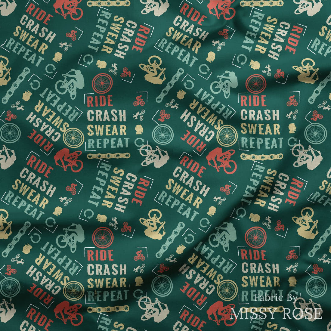 Design 354 Mountain Bike Fabric draped fabric mockup – custom printed fabric by the metre | Fabric by Missy Rose