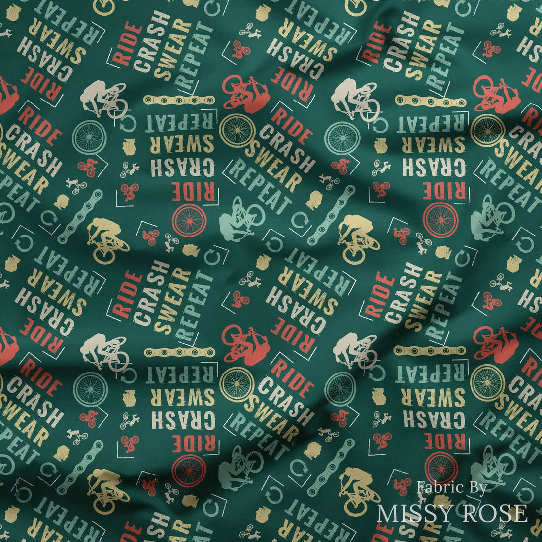 Design 354 Mountain Bike Fabric draped fabric mockup – custom printed fabric by the metre | Fabric by Missy Rose