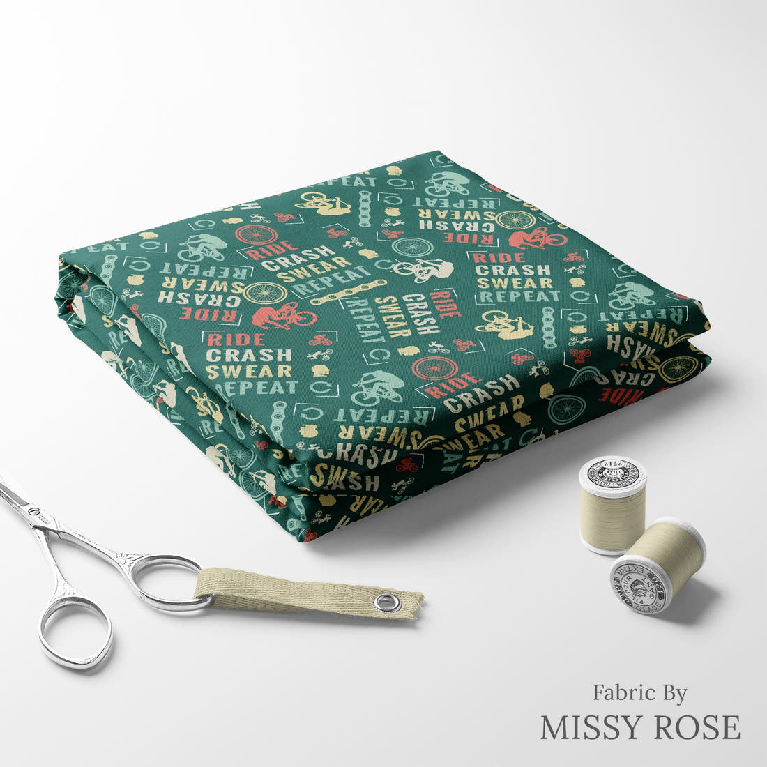 Design 354 Mountain Bike Fabric folded fabric stack with matching thread – pre-order fabric Australia | Fabric by Missy Rose