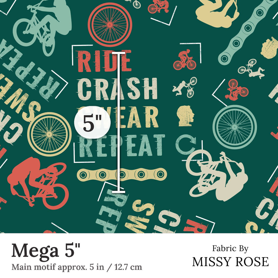 Design 354 Mountain Bike Fabric Mega 5 inch print scale guide | Fabric by Missy Rose