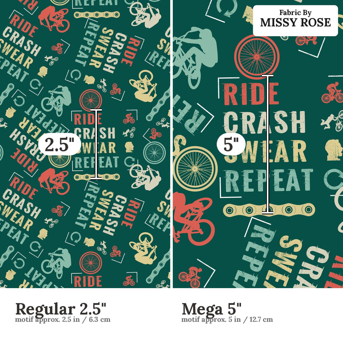 Design 354 Mountain Bike Fabric size comparison - print scale | Fabric by Missy Rose