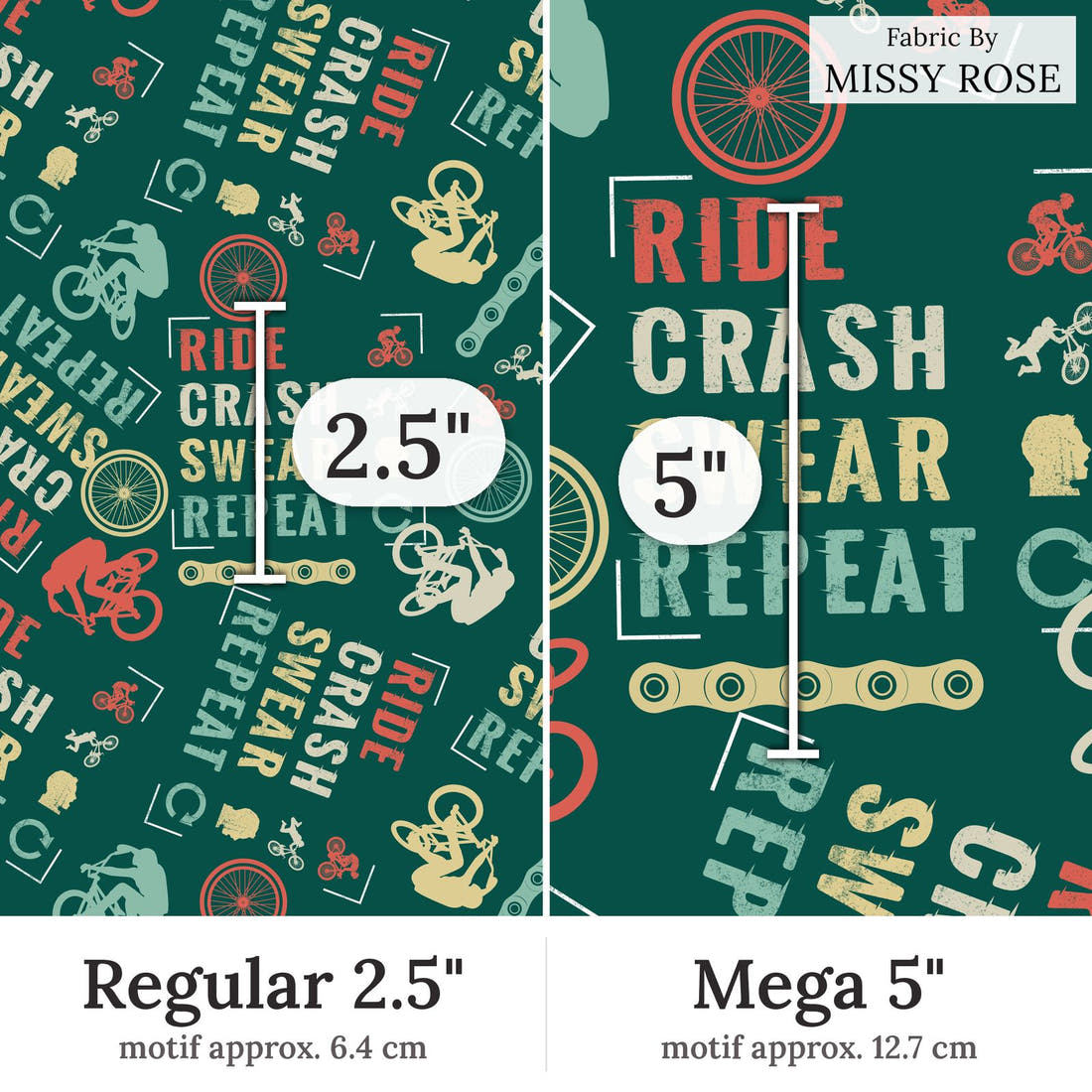 Design 354 Mountain Bike Fabric Regular 2.5 inch vs Mega 5 inch print scale side by side | Fabric by Missy Rose
