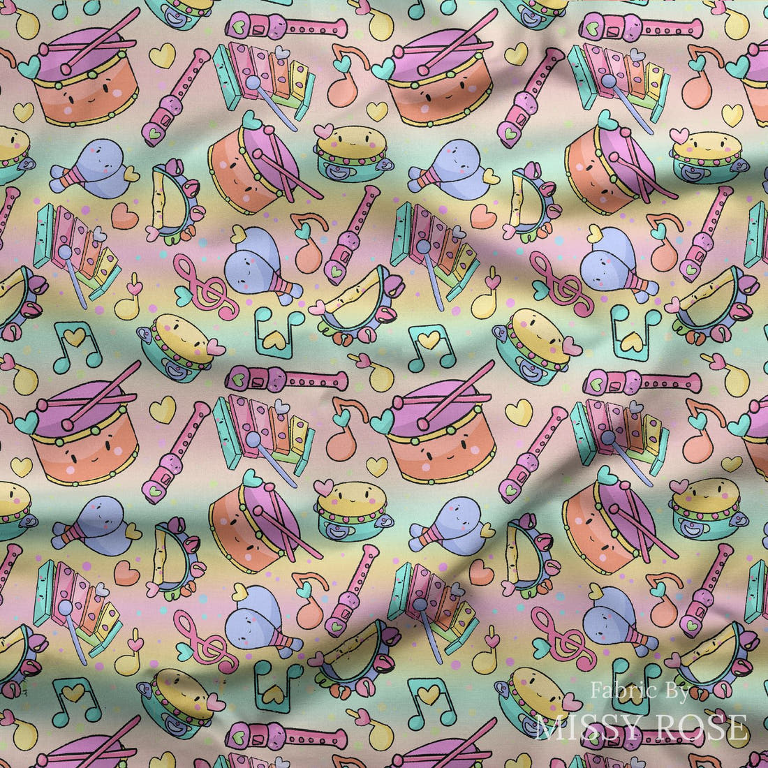 Design 355 Musical Instruments Fabric draped fabric mockup – custom printed fabric by the metre | Fabric by Missy Rose
