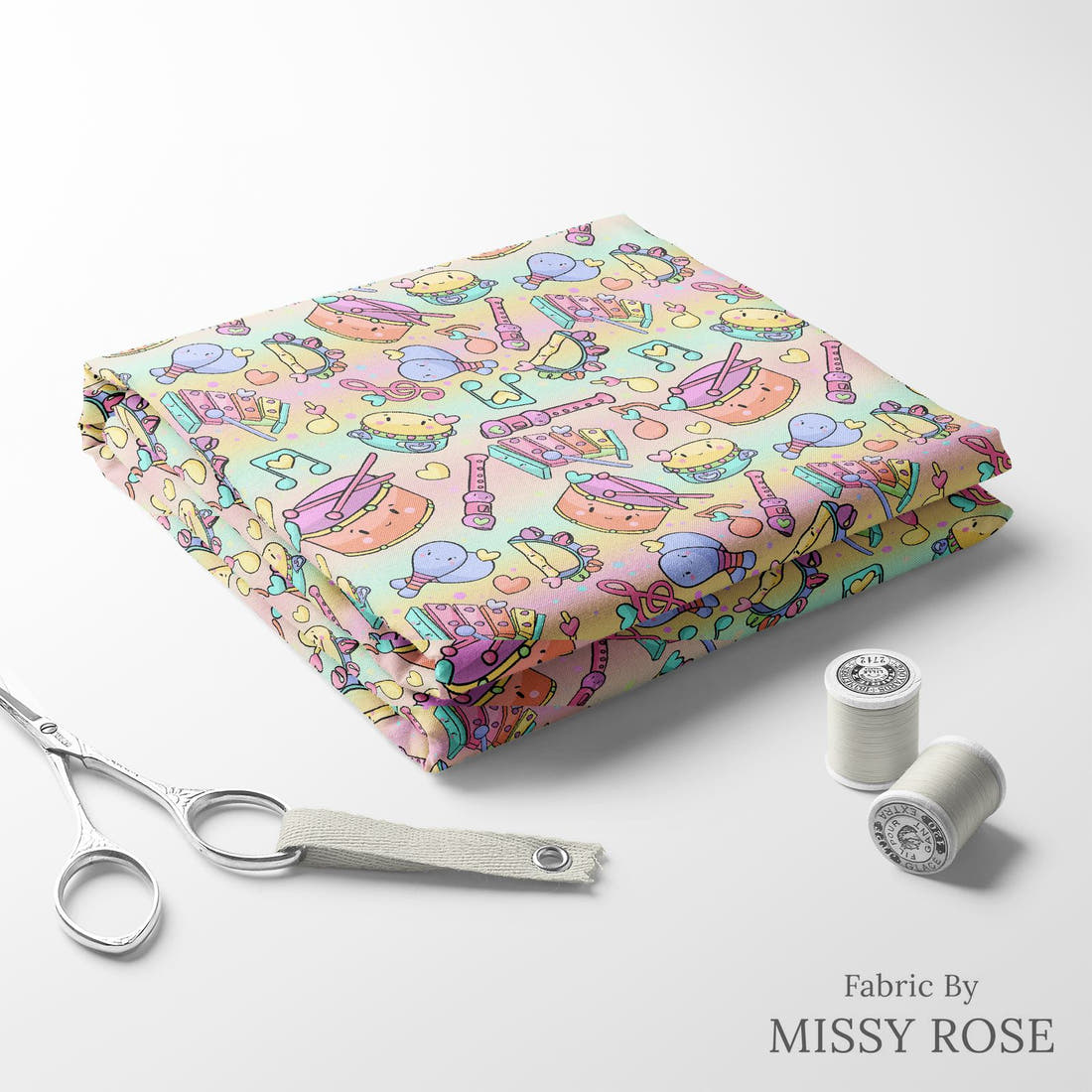 Design 355 Musical Instruments Fabric folded fabric stack with matching thread – pre-order fabric Australia | Fabric by Missy Rose