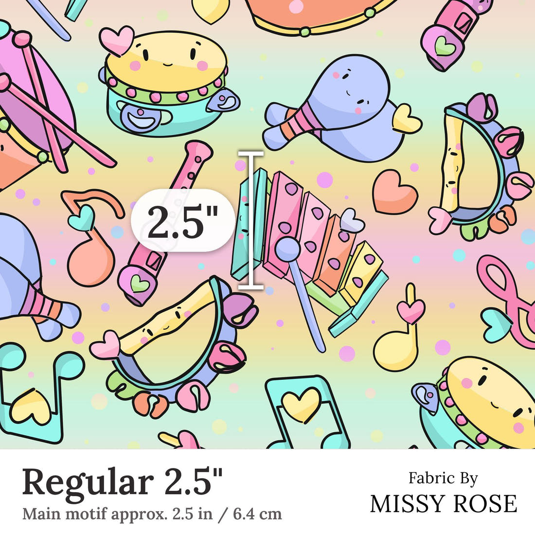 Design 355 Musical Instruments Fabric Regular 2.5 inch print scale guide | Fabric by Missy Rose