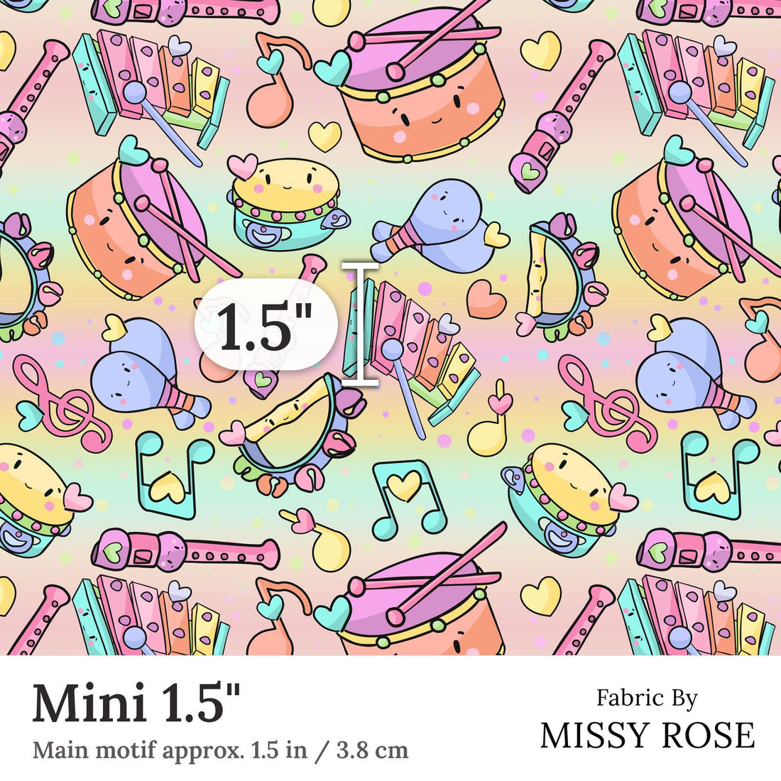 Design 355 Musical Instruments Fabric Mini 1.5 inch print scale guide | Fabric by Missy Rose