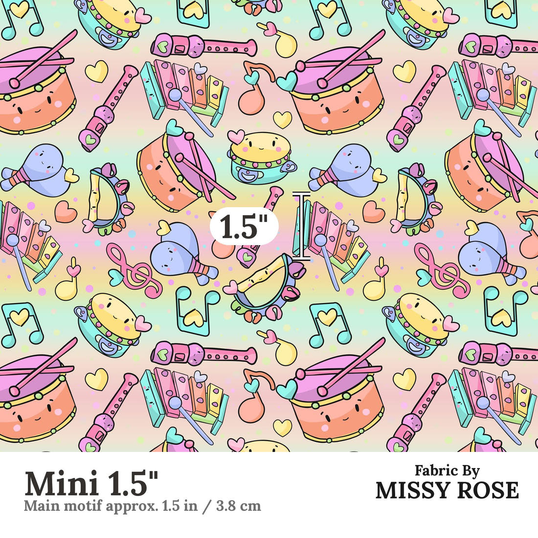 Design 355 Musical Instruments Fabric Mini 1.5" - print scale | Fabric by Missy Rose