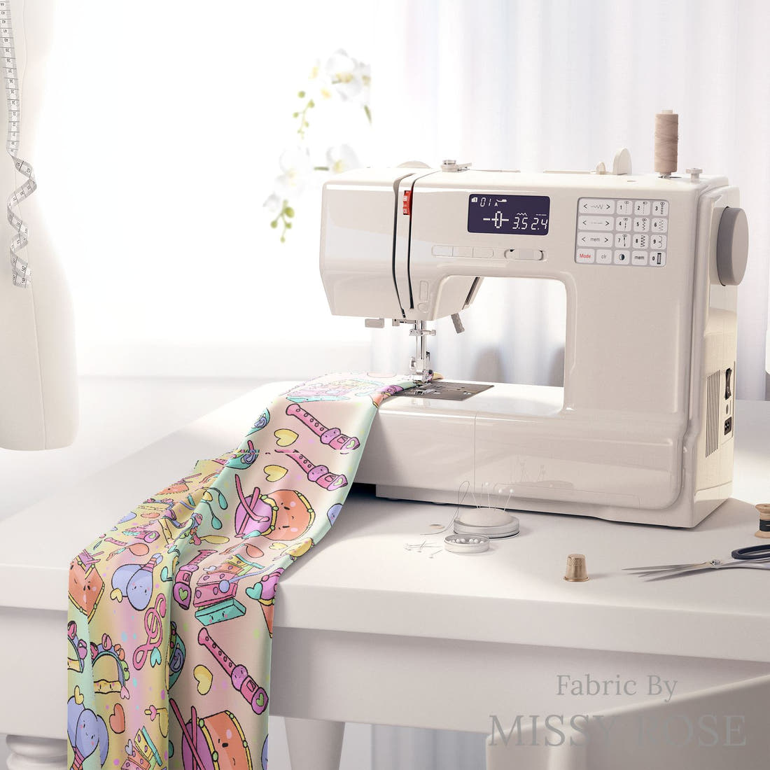 Design 355 Musical Instruments Fabric on a sewing machine – premium fabric for sewing projects | Fabric by Missy Rose
