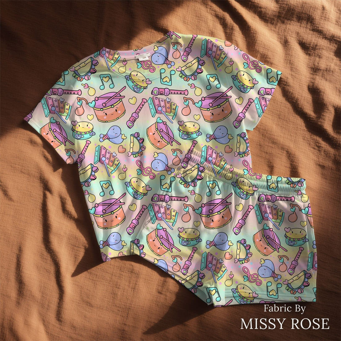 Design 355 Musical Instruments Fabric sewn into a lounge set – see how the print looks made up | Fabric by Missy Rose
