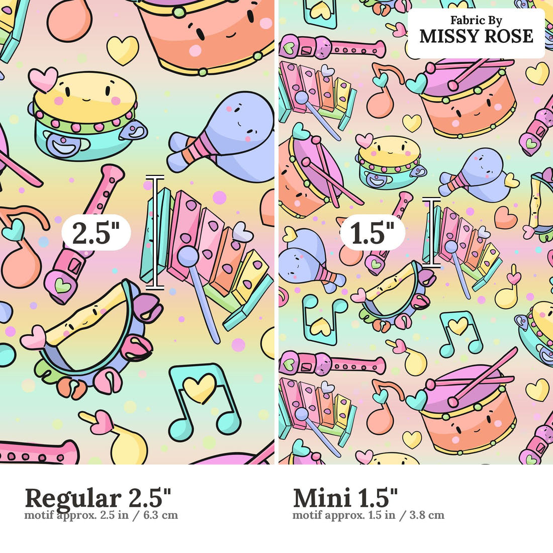 Design 355 Musical Instruments Fabric size comparison - print scale | Fabric by Missy Rose