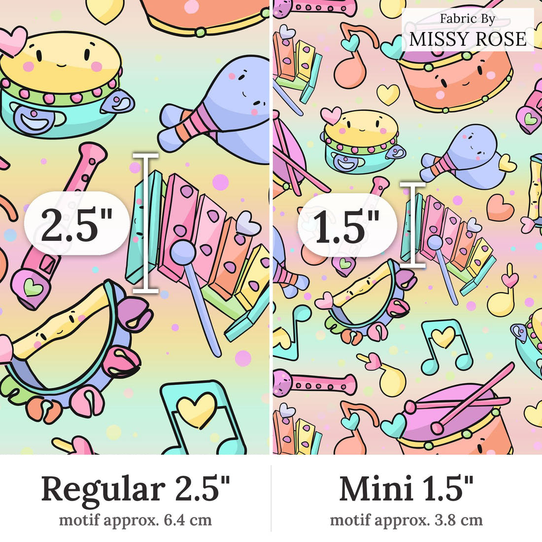 Design 355 Musical Instruments Fabric Regular 2.5 inch vs Mini 1.5 inch print scale side by side | Fabric by Missy Rose