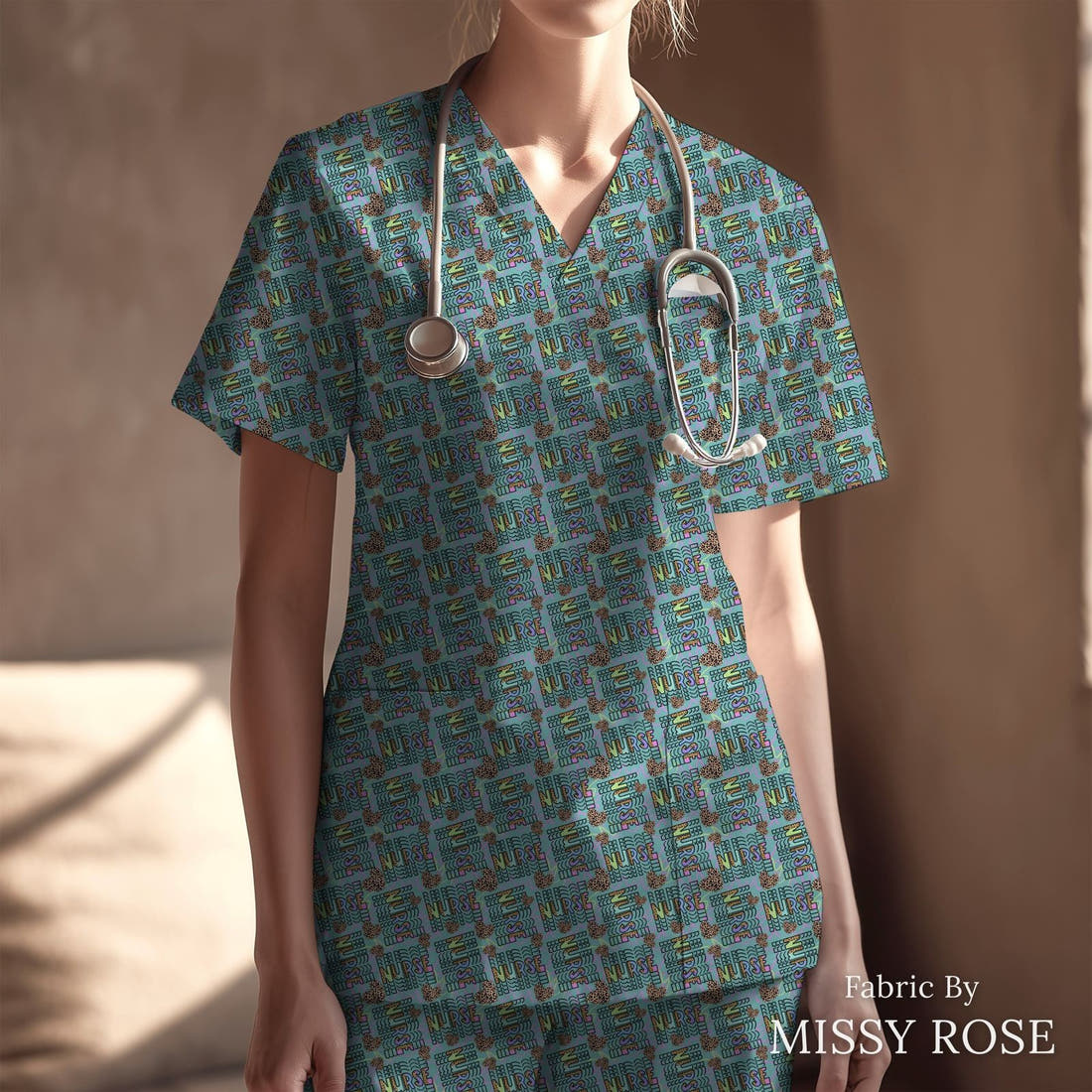 Design 356 Nurse Fabric sewn into a scrubs top – see how the print looks made up | Fabric by Missy Rose