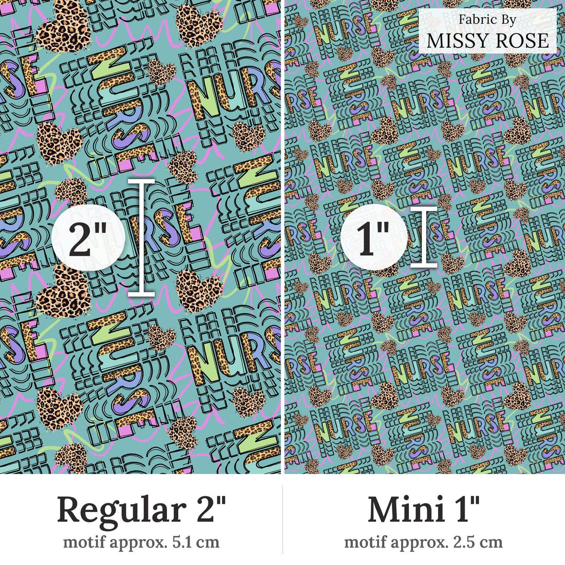 Design 356 Nurse Fabric Regular 2 inch vs Mini 1 inch print scale side by side | Fabric by Missy Rose