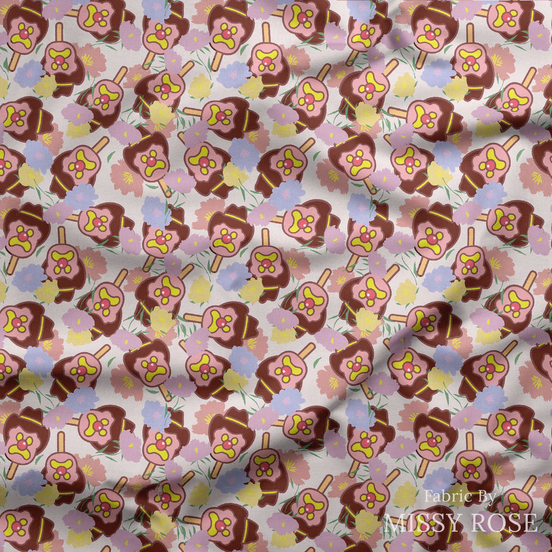 Design 357 Pastel Floral Ice Cream Fabric draped fabric mockup – custom printed fabric by the metre | Fabric by Missy Rose