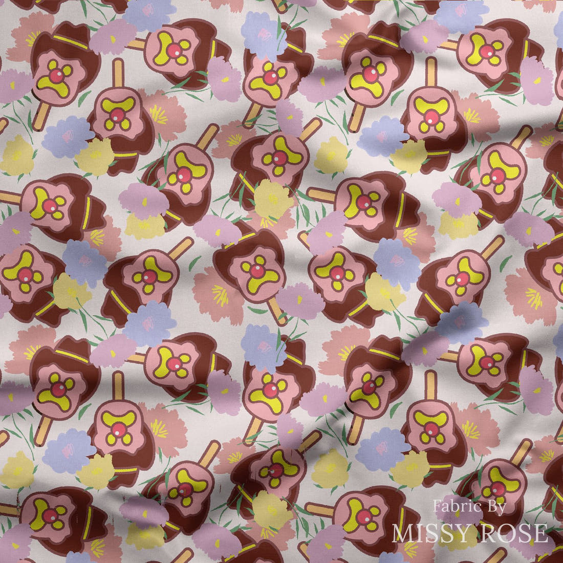 Design 357 Pastel Floral Ice Cream Fabric draped fabric mockup – custom printed fabric by the metre | Fabric by Missy Rose