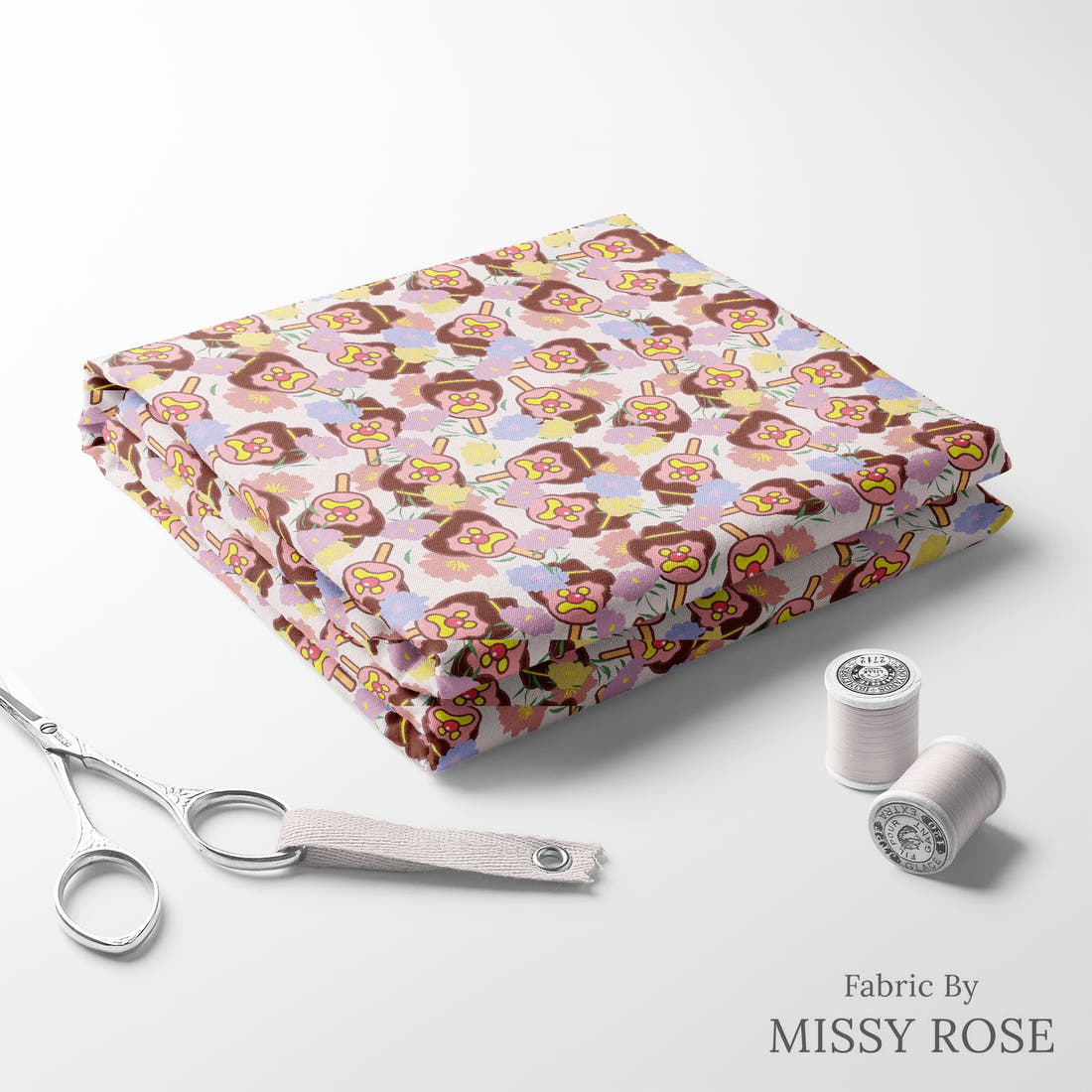 Design 357 Pastel Floral Ice Cream Fabric folded fabric stack with matching thread – pre-order fabric Australia | Fabric by Missy Rose
