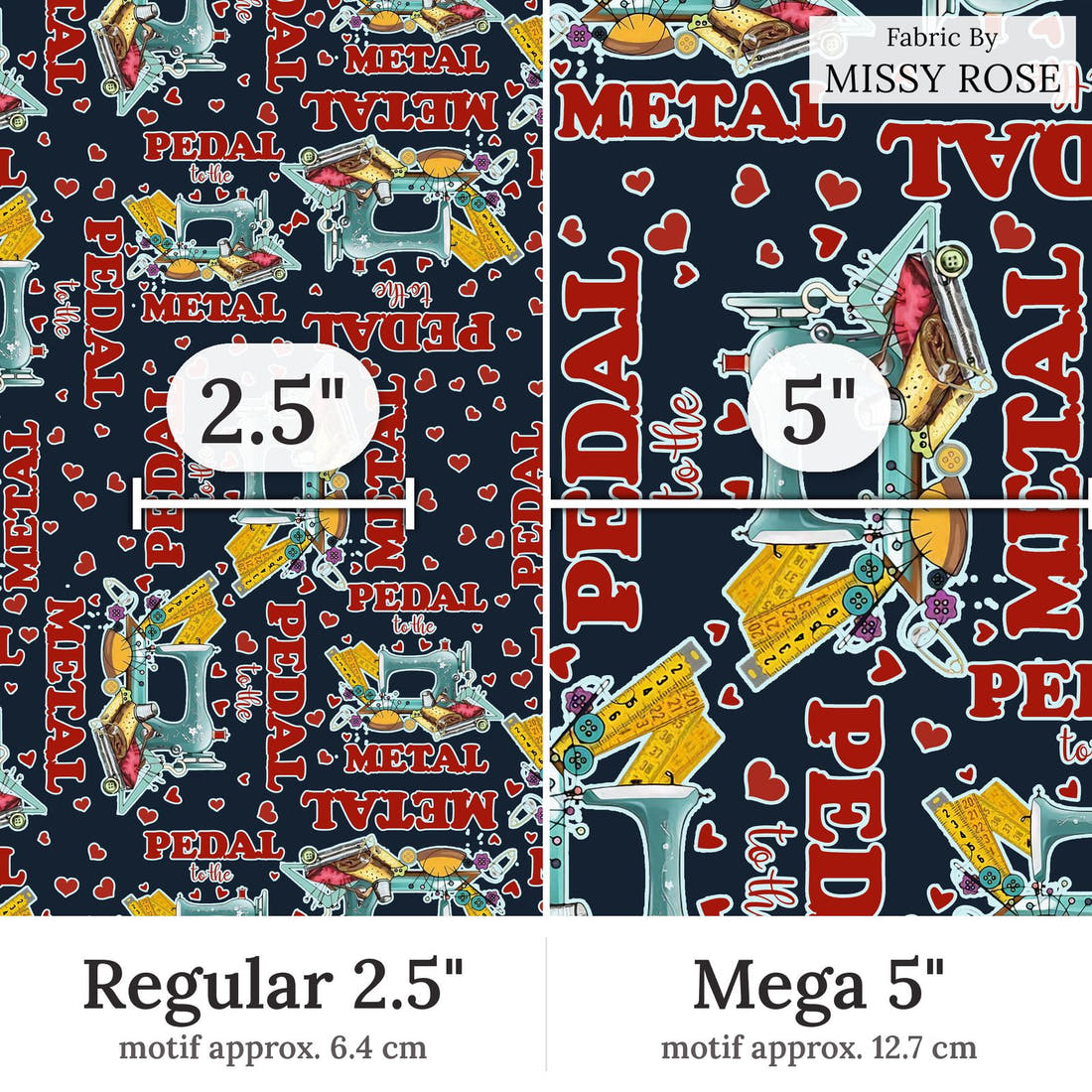 Design 358 Sewing Fabric Regular 2.5 inch vs Mega 5 inch print scale side by side | Fabric by Missy Rose
