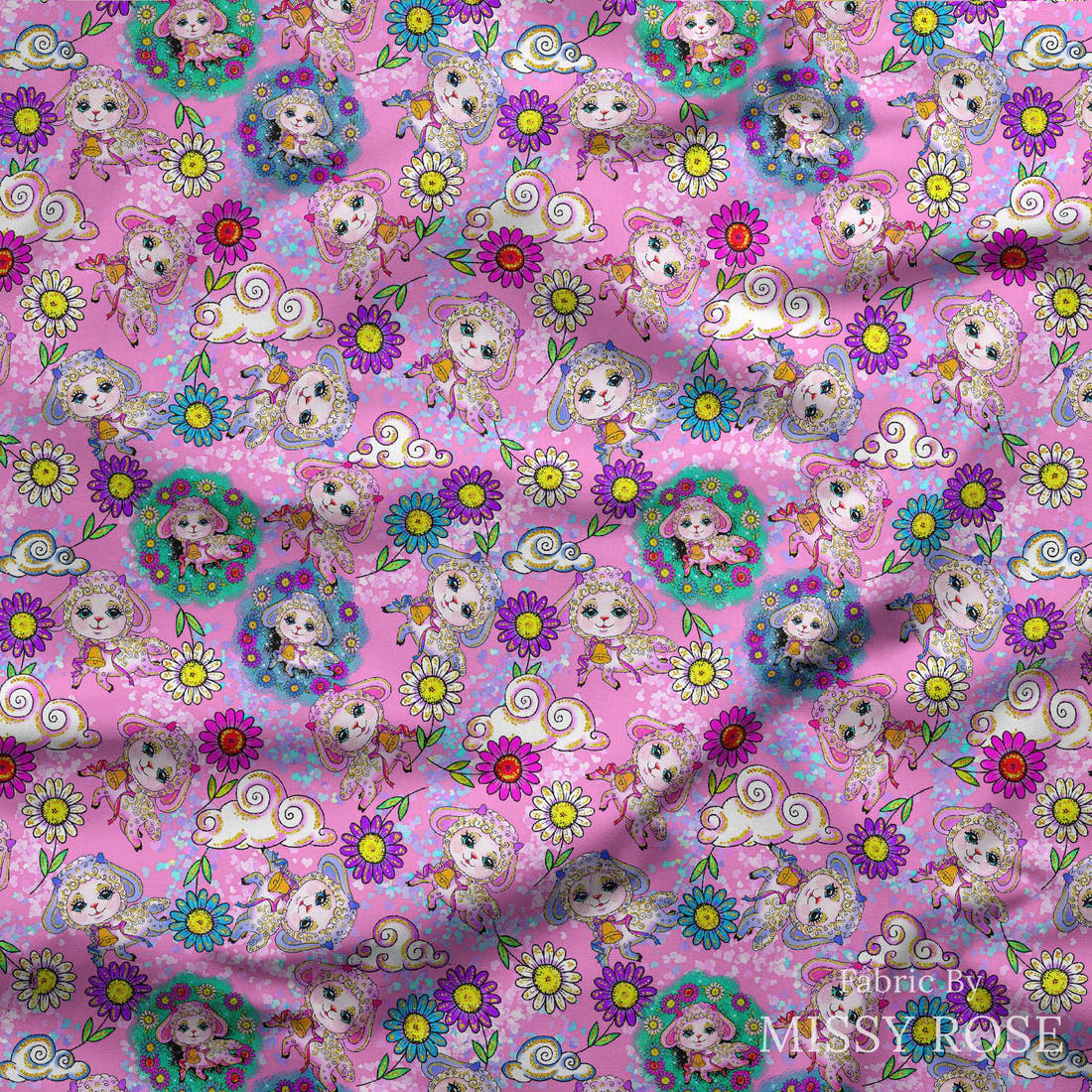 Design 359 Pink Lamb Fabric draped fabric mockup – custom printed fabric by the metre | Fabric by Missy Rose