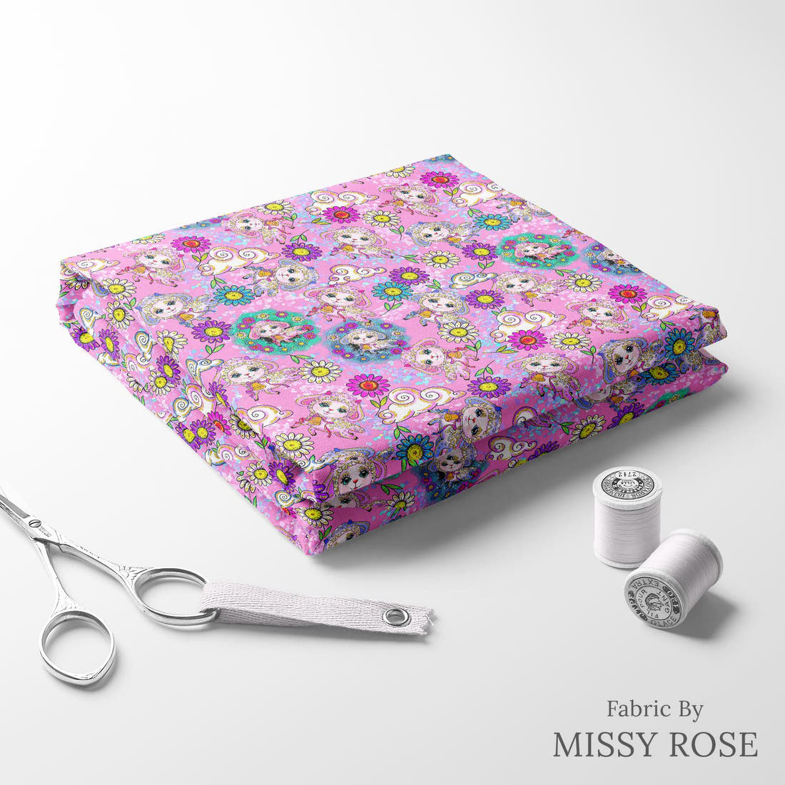 Design 359 Pink Lamb Fabric folded fabric stack with matching thread – pre-order fabric Australia | Fabric by Missy Rose