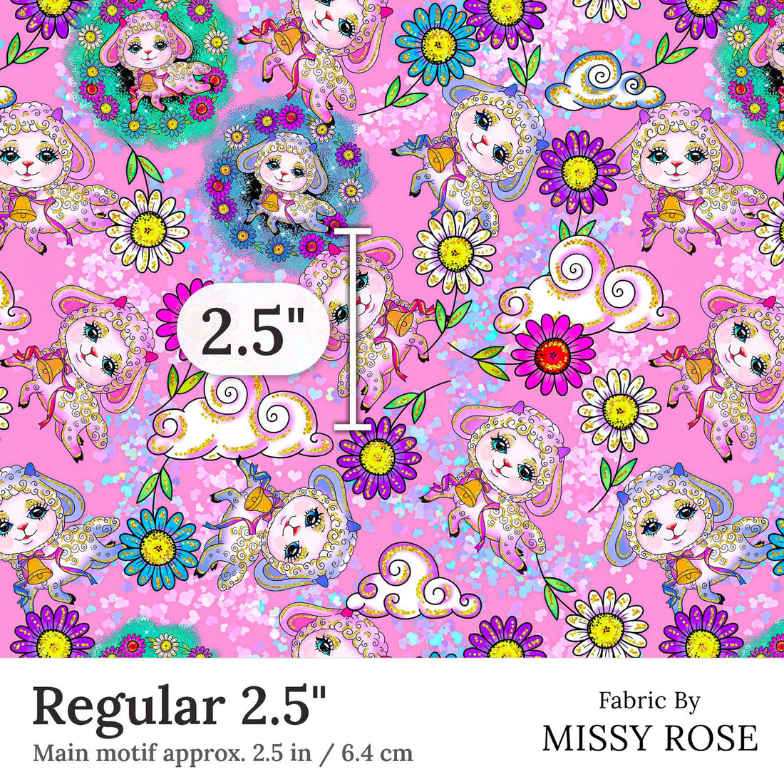 Design 359 Pink Lamb Fabric Regular 2.5 inch print scale guide | Fabric by Missy Rose