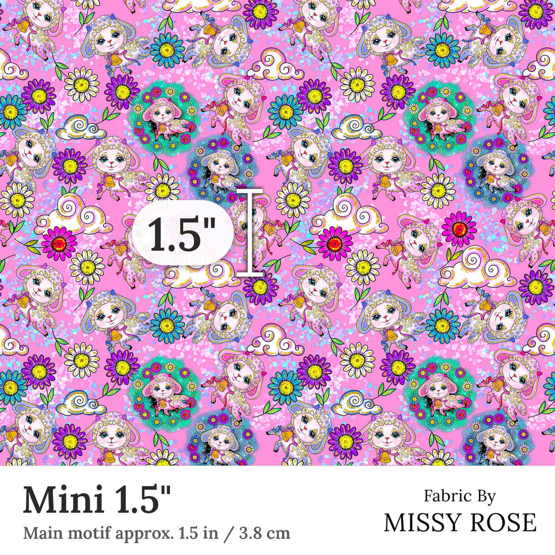Design 359 Pink Lamb Fabric Mini 1.5 inch print scale guide | Fabric by Missy Rose