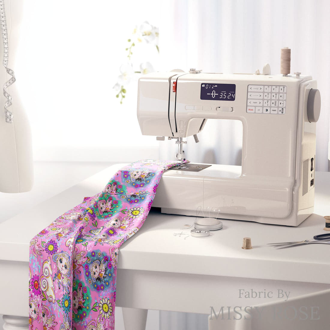 Design 359 Pink Lamb Fabric on a sewing machine – premium fabric for sewing projects | Fabric by Missy Rose