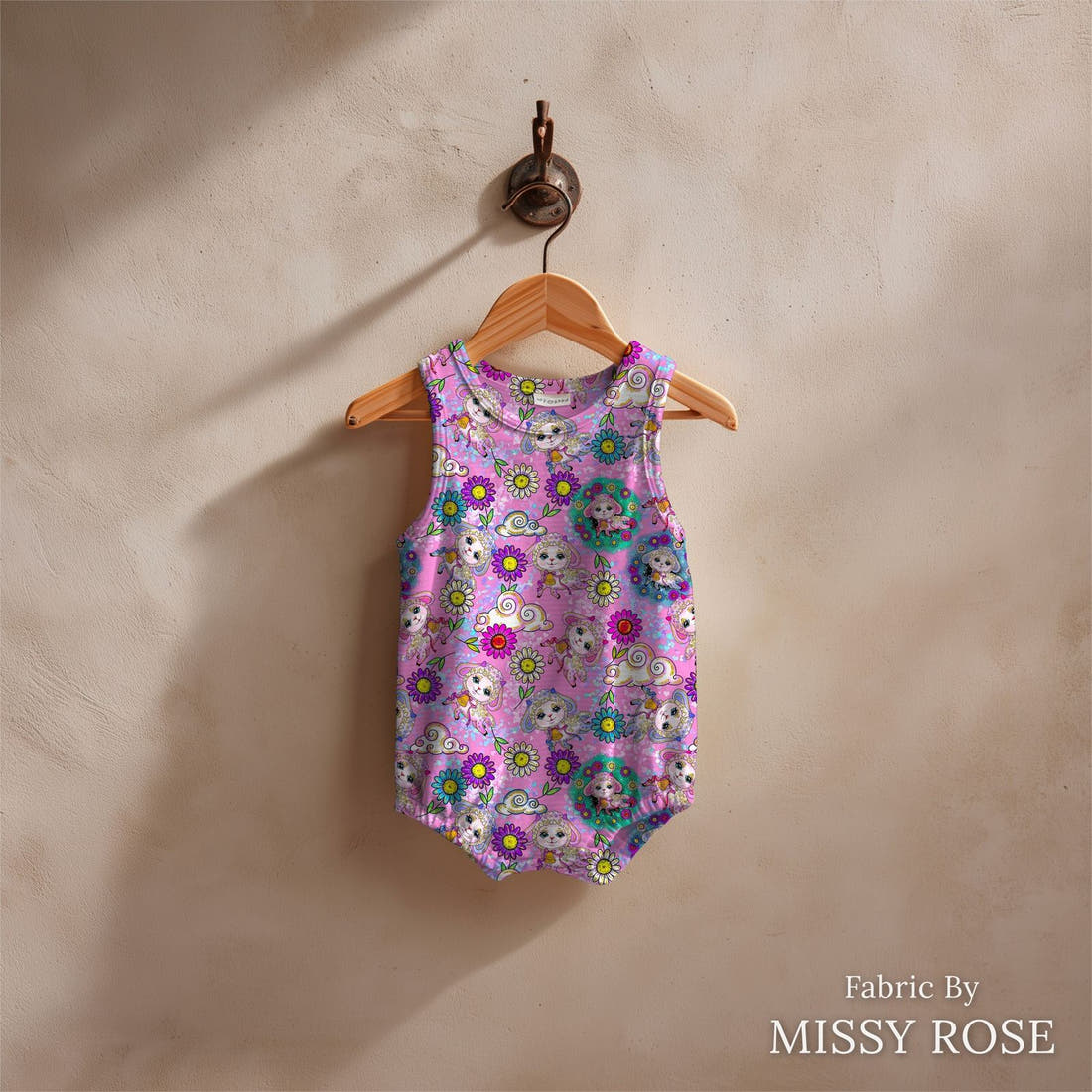 Design 359 Pink Lamb Fabric sewn into a baby romper – see how the print looks made up | Fabric by Missy Rose