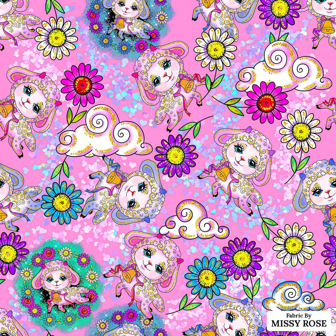 Design 359 Pink Lamb Fabric - flat view of the print, zoom in for detail | Fabric by Missy Rose