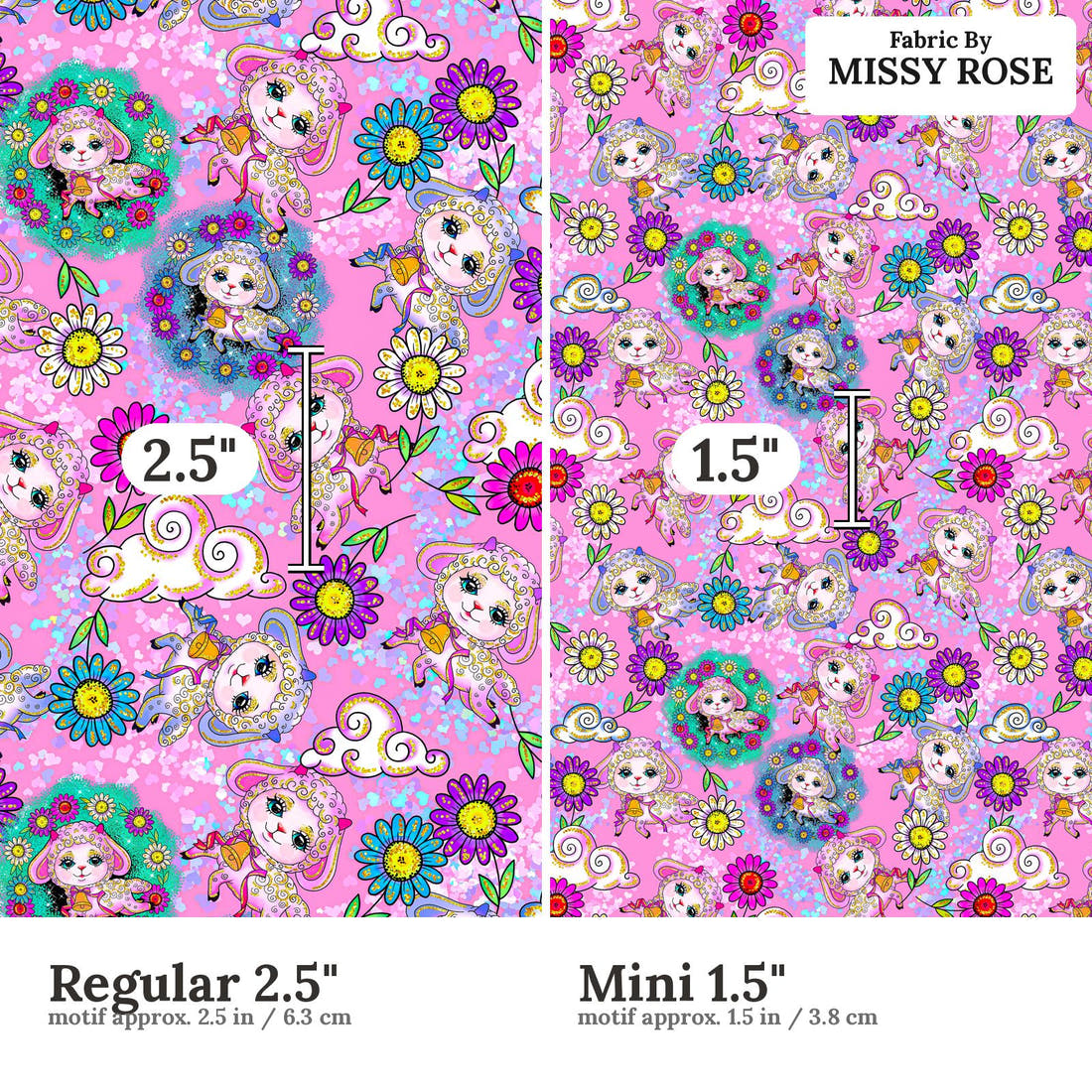 Design 359 Pink Lamb Fabric size comparison - print scale | Fabric by Missy Rose