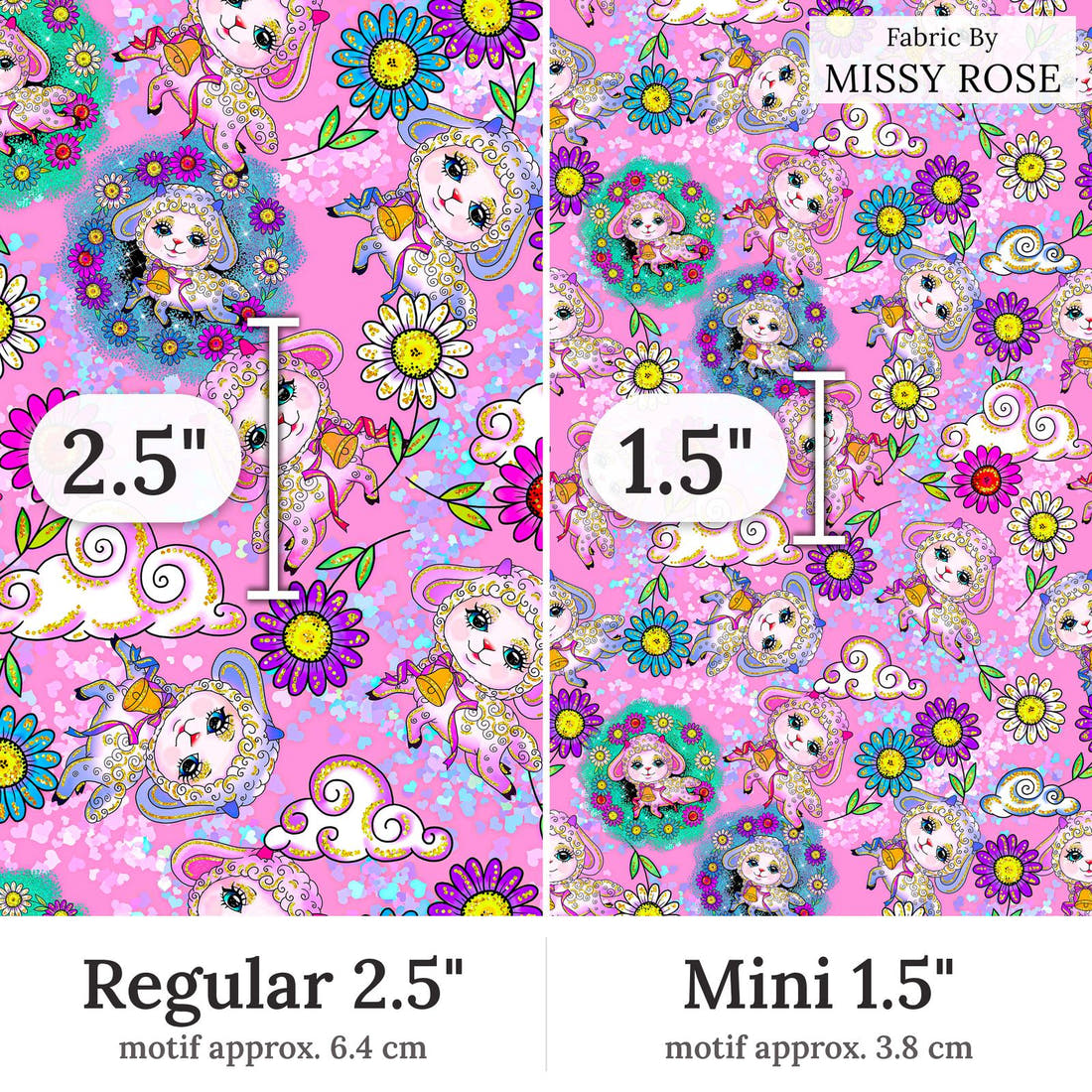 Design 359 Pink Lamb Fabric Regular 2.5 inch vs Mini 1.5 inch print scale side by side | Fabric by Missy Rose