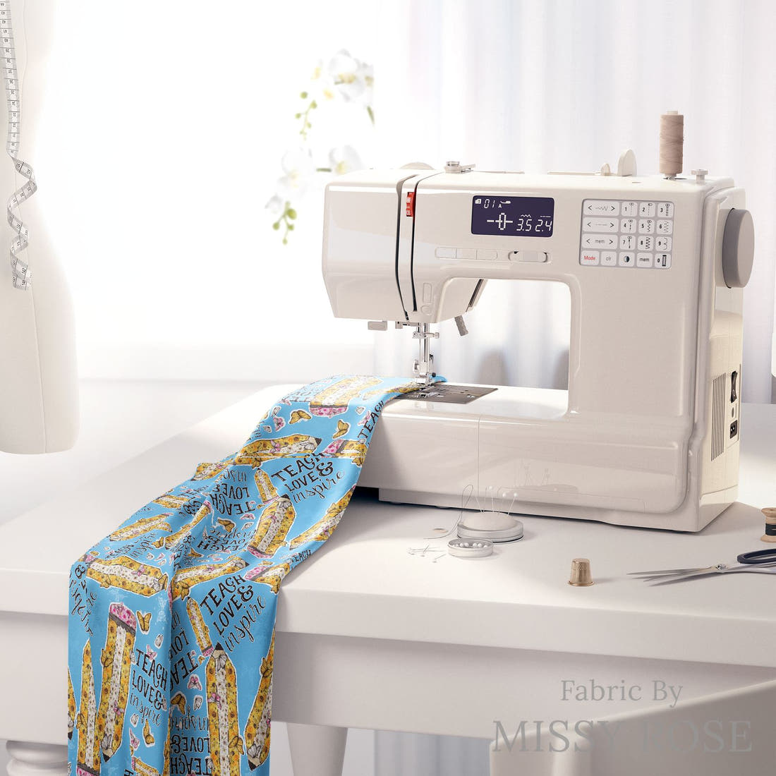 Design 36 Teacher Fabric on a sewing machine – premium fabric for sewing projects | Fabric by Missy Rose