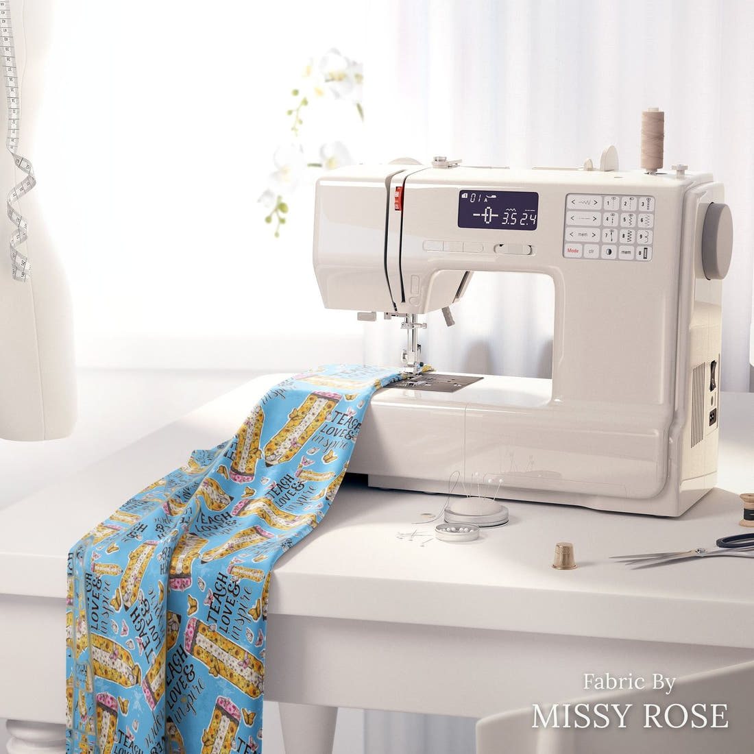 Design 36 Teacher Fabric on a sewing machine – premium fabric for sewing projects | Fabric by Missy Rose