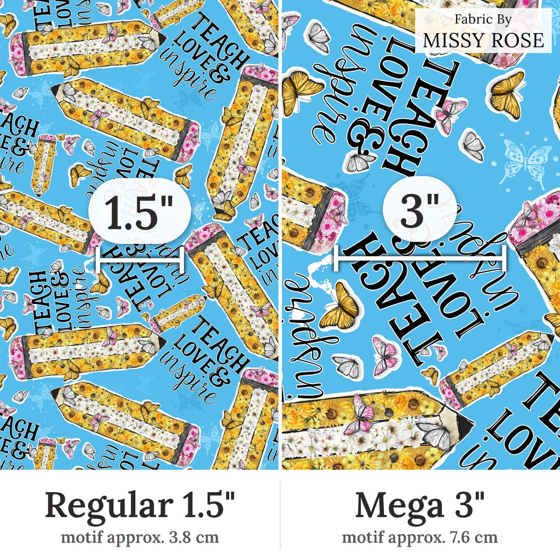 Design 36 Teacher Fabric Regular 1.5 inch vs Mega 3 inch print scale side by side | Fabric by Missy Rose