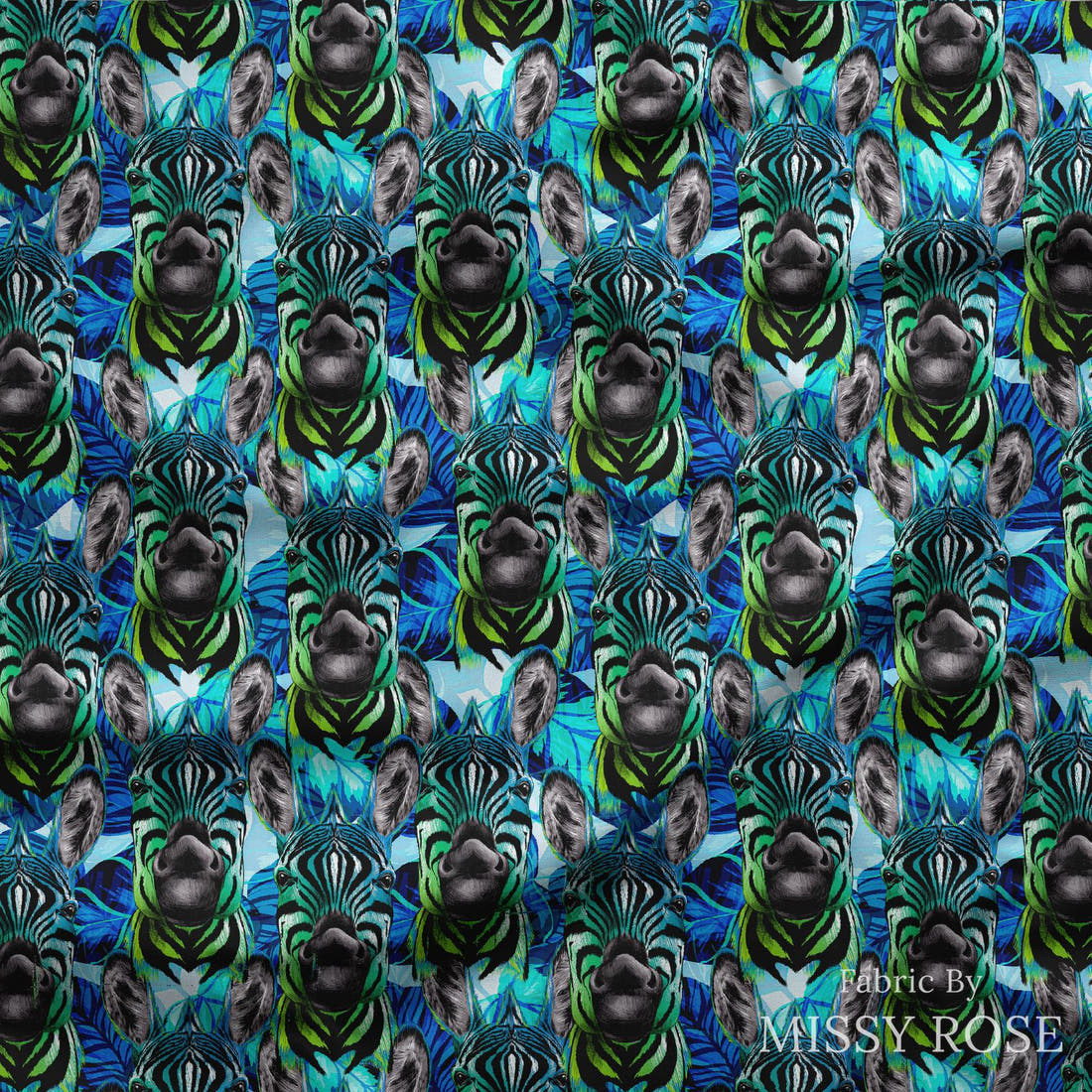 Design 360 Blue Zebra Fabric draped fabric mockup – custom printed fabric by the metre | Fabric by Missy Rose