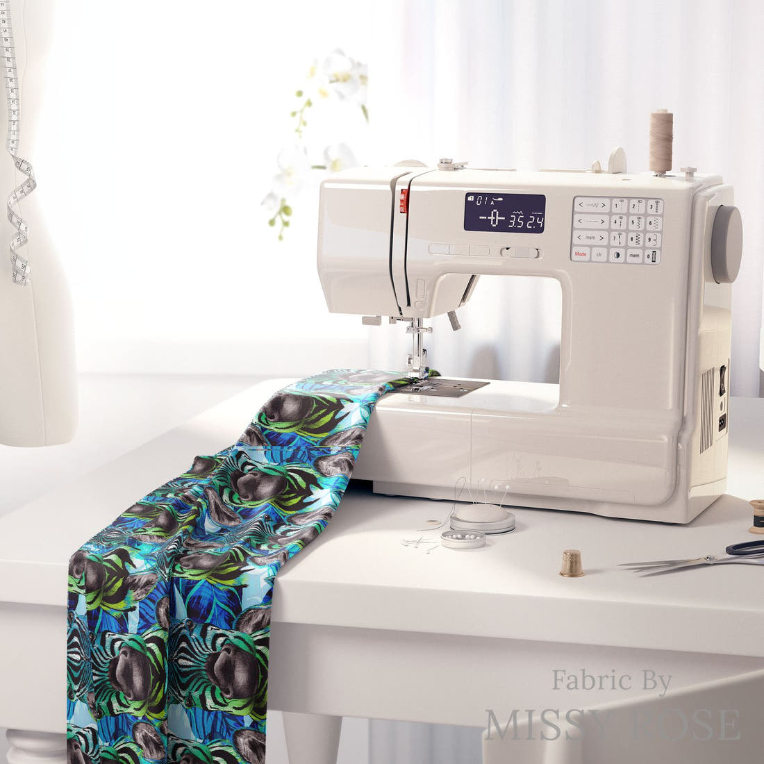 Design 360 Blue Zebra Fabric on a sewing machine – premium fabric for sewing projects | Fabric by Missy Rose