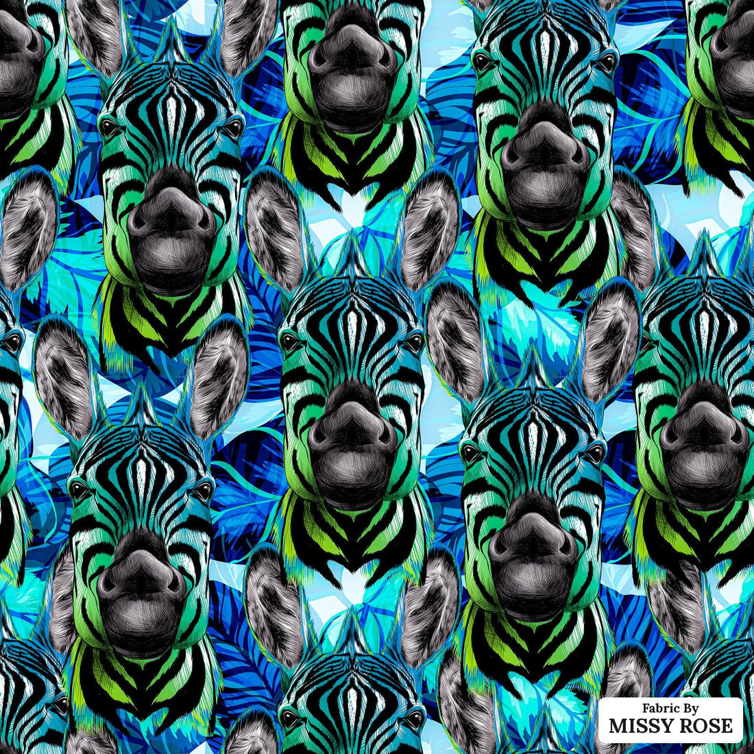 Design 360 Blue Zebra Fabric - flat view of the print, zoom in for detail | Fabric by Missy Rose