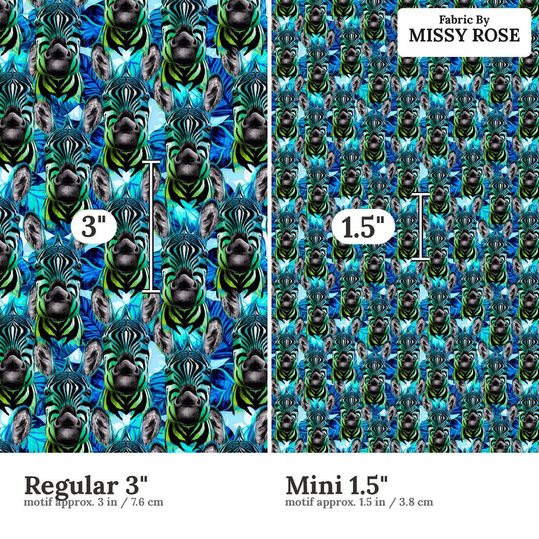Design 360 Blue Zebra Fabric size comparison - print scale | Fabric by Missy Rose