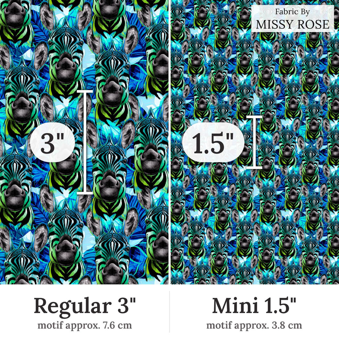 Design 360 Blue Zebra Fabric Regular 3 inch vs Mini 1.5 inch print scale side by side | Fabric by Missy Rose