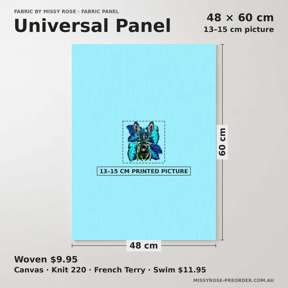 Design 360 Blue Zebra Panel universal panel sizing – 13–15 cm printed picture on 48 × 60 cm fabric | Fabric by Missy Rose