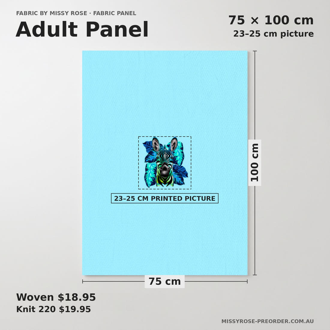 Design 360 Blue Zebra Panel adult panel sizing – 23–25 cm printed picture on 75 × 100 cm fabric | Fabric by Missy Rose