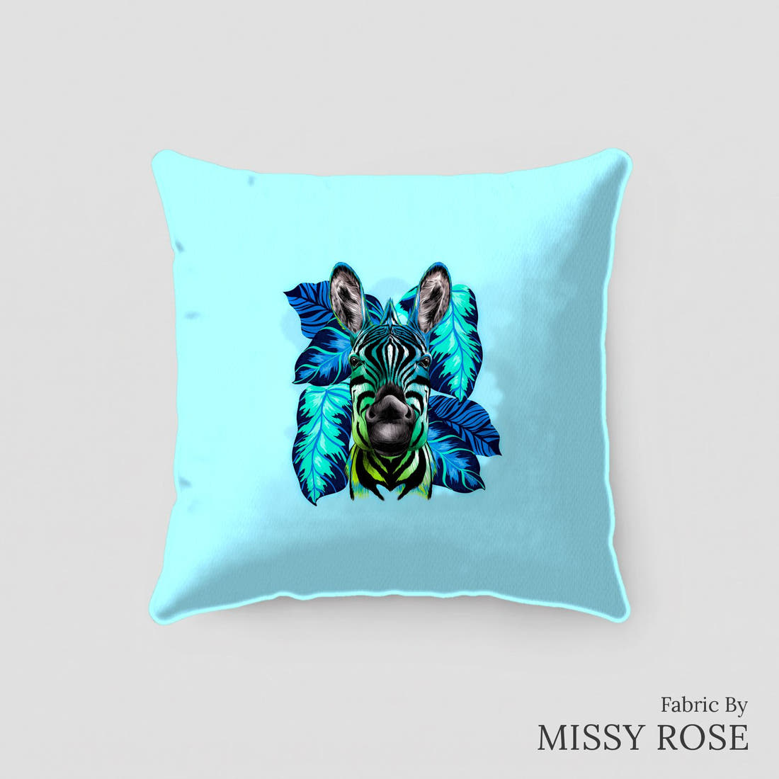 Design 360 Blue Zebra Panel sewn into a cushion – see how the panel looks made up | Fabric by Missy Rose