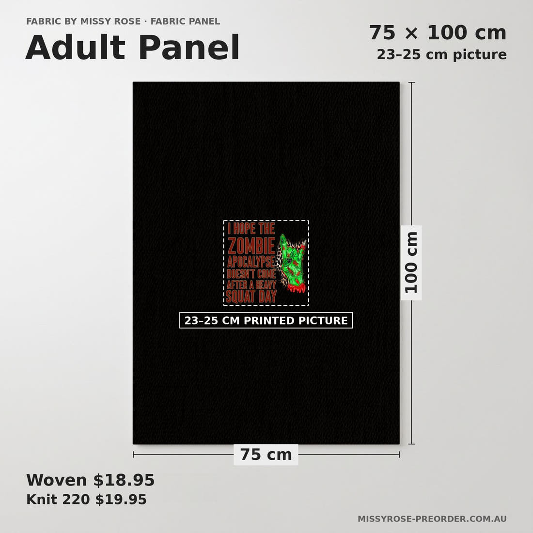 Design 361 Zombie Panel adult panel sizing – 23–25 cm printed picture on 75 × 100 cm fabric | Fabric by Missy Rose