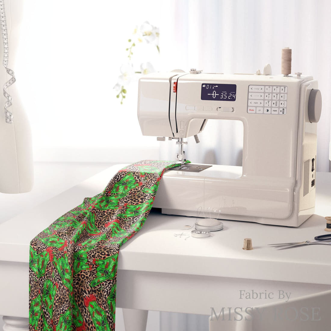 Design 361 Zombie Fabric on a sewing machine – premium fabric for sewing projects | Fabric by Missy Rose