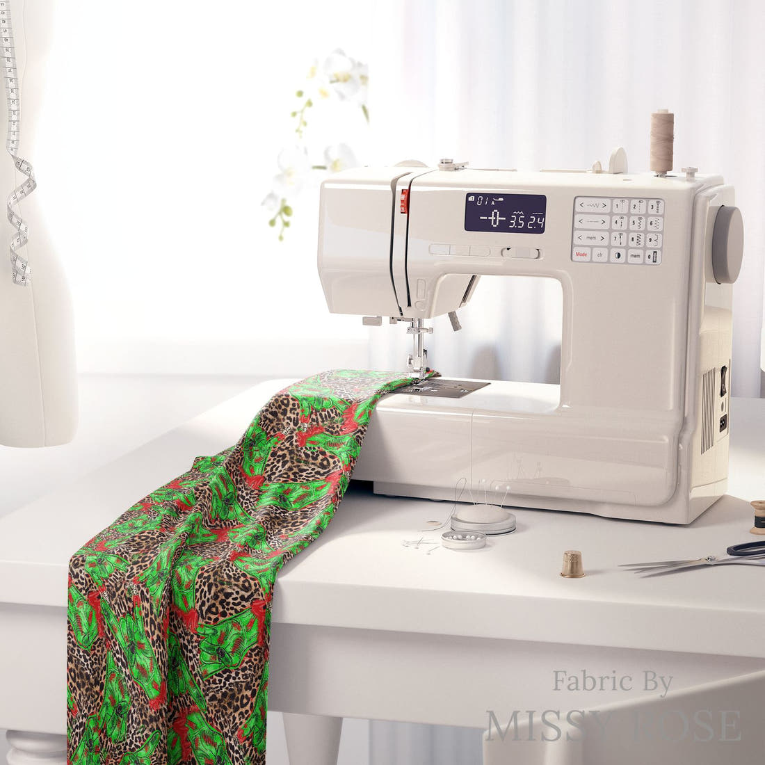 Design 361 Zombie Fabric on a sewing machine – premium fabric for sewing projects | Fabric by Missy Rose
