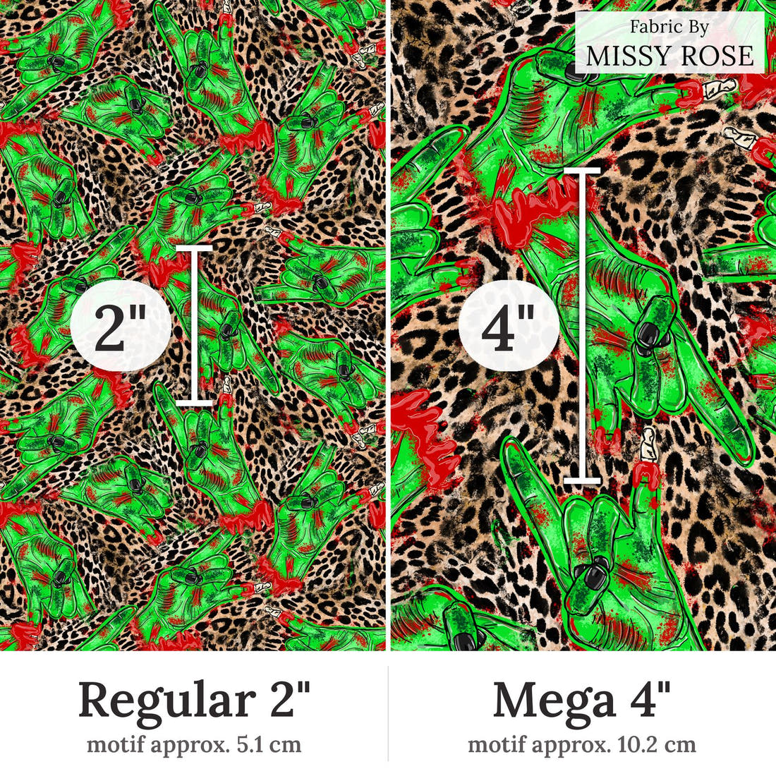 Design 361 Zombie Fabric Regular 2 inch vs Mega 4 inch print scale side by side | Fabric by Missy Rose