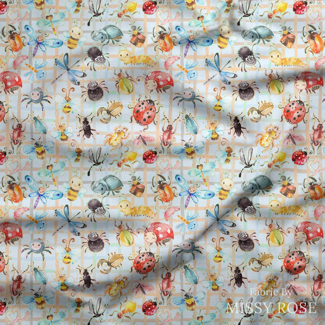 Design 362 Cute Plaid Insects Fabric draped fabric mockup – custom printed fabric by the metre | Fabric by Missy Rose