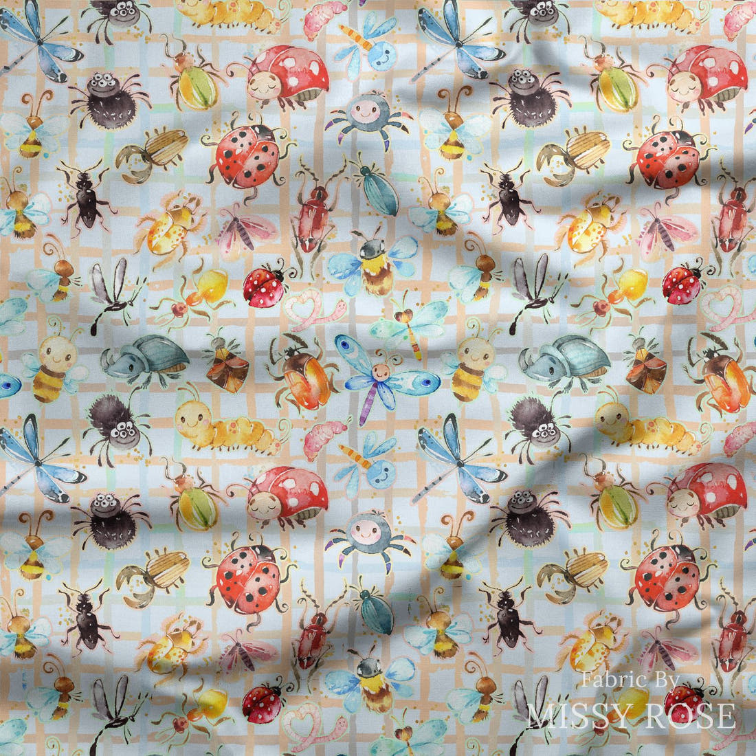 Design 362 Cute Plaid Insects Fabric draped fabric mockup – custom printed fabric by the metre | Fabric by Missy Rose