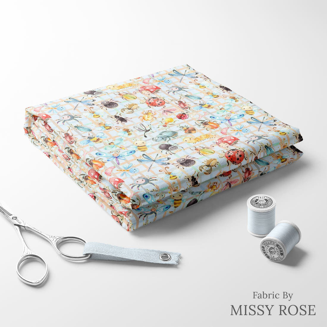 Design 362 Cute Plaid Insects Fabric folded fabric stack with matching thread – pre-order fabric Australia | Fabric by Missy Rose
