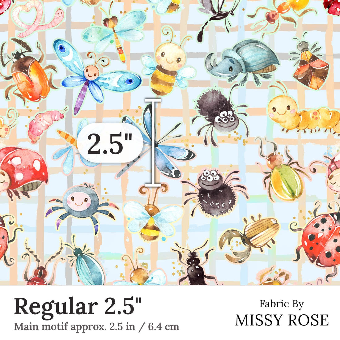Design 362 Cute Plaid Insects Fabric Regular 2.5 inch print scale guide | Fabric by Missy Rose