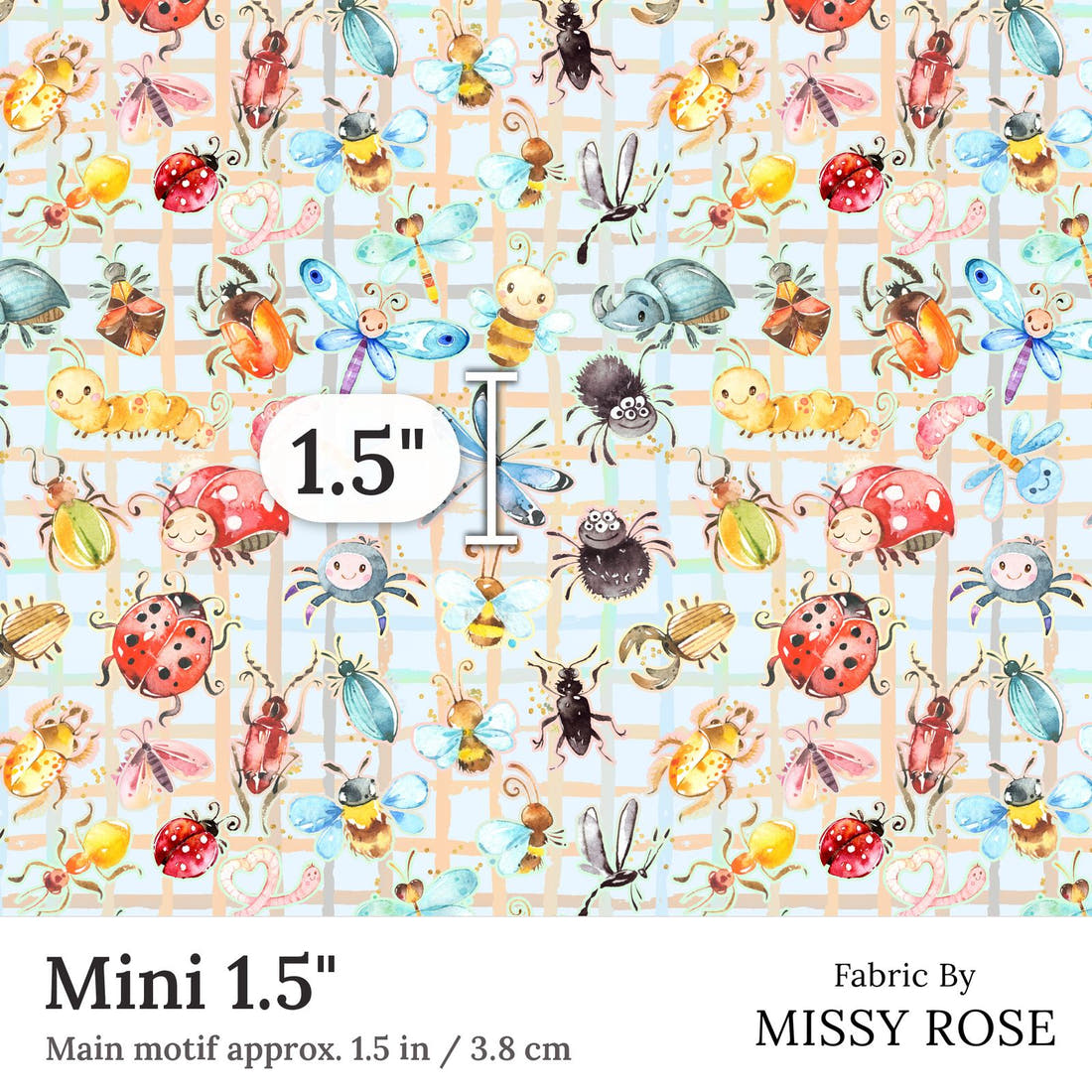 Design 362 Cute Plaid Insects Fabric Mini 1.5 inch print scale guide | Fabric by Missy Rose